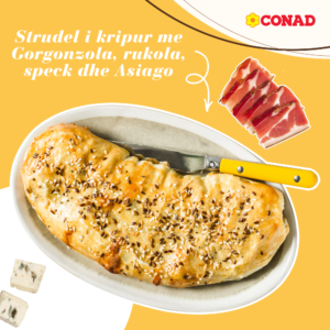 Strudel i kripur me Gorgonzola, rukola, speck dhe Asiago